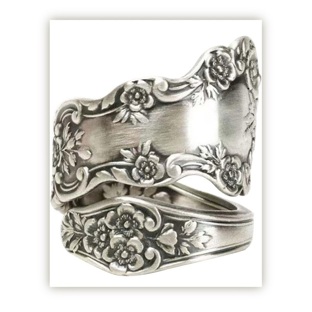 925 Silver Spoon Ring Floral Adjustable Unisex Gift